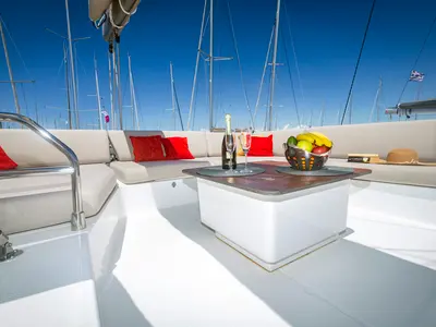 Deck of Gentle Giant, a Fountaine Pajot Aura 51 catamaran at Municipal Unit of Lefkada, Greece