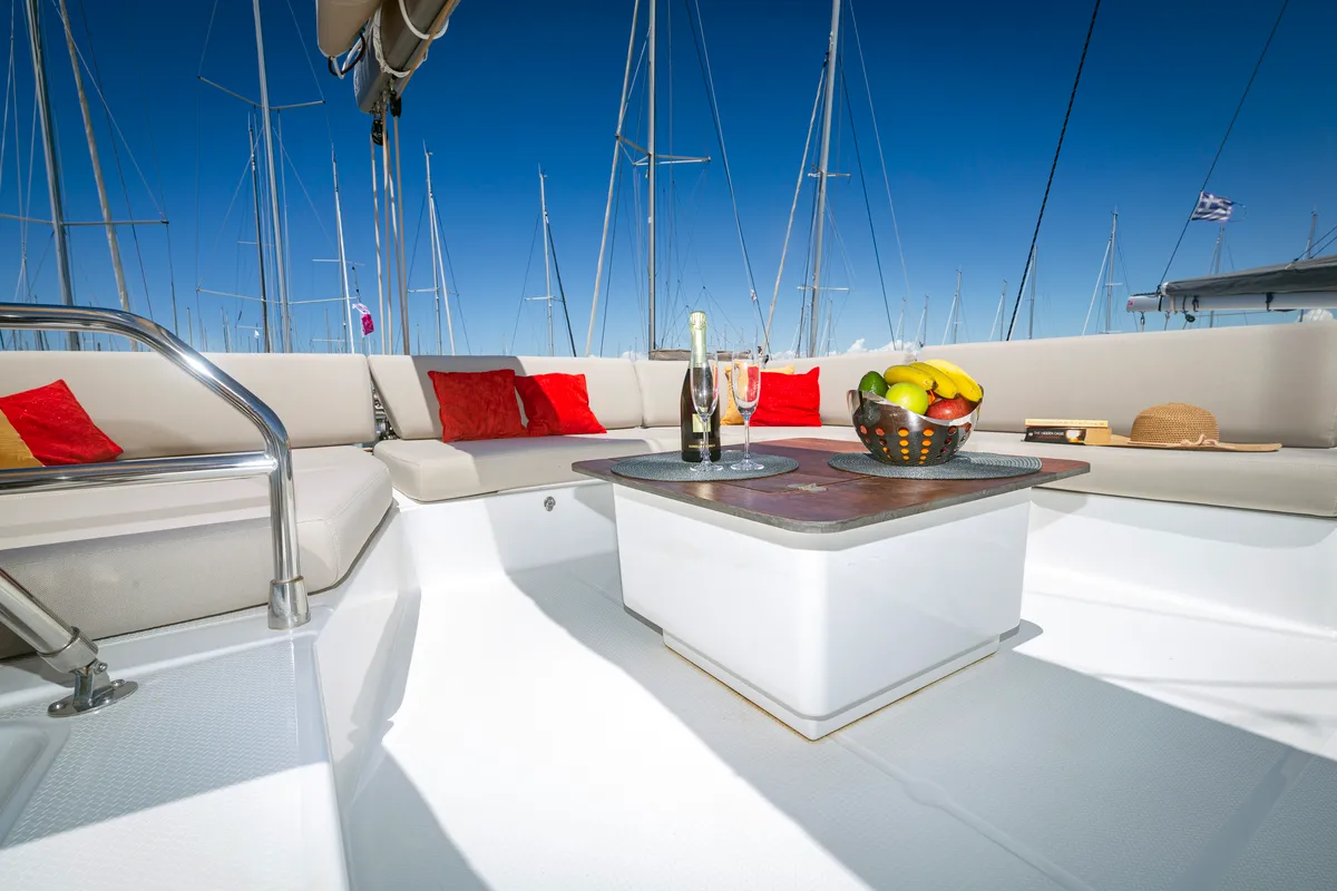 Deck of Gentle Giant, a Fountaine Pajot Aura 51 catamaran at Municipal Unit of Lefkada, Greece
