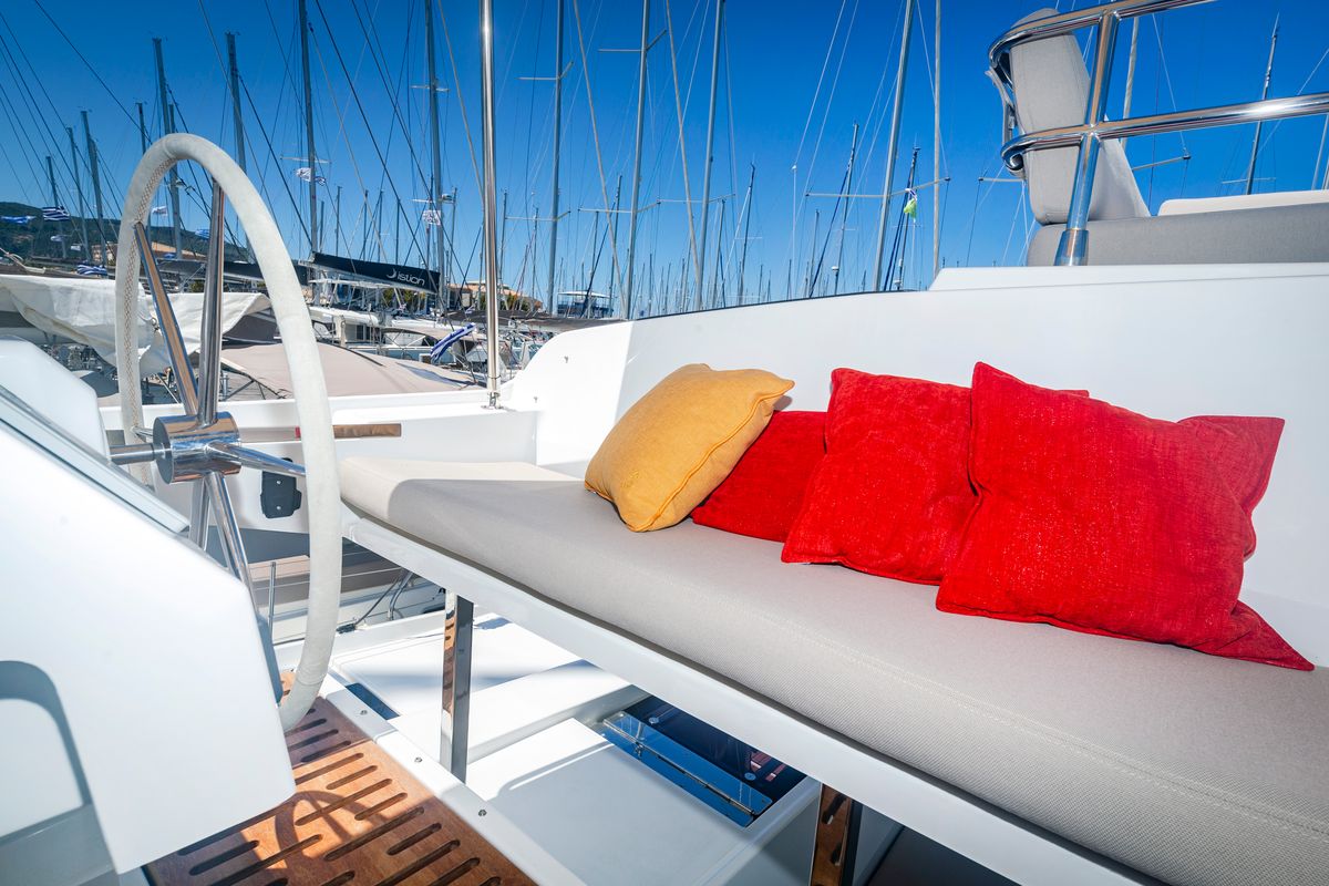 Deck of Gentle Giant, a Fountaine Pajot Aura 51 catamaran at Municipal Unit of Lefkada, Greece