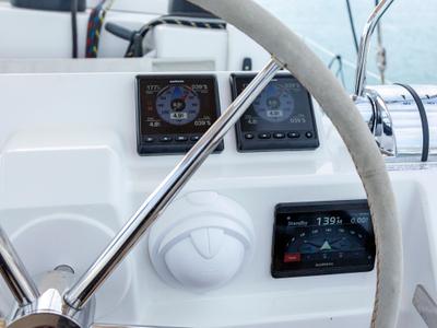Cockpit of Gentle Giant, a Fountaine Pajot Aura 51 catamaran at Municipal Unit of Lefkada, Greece