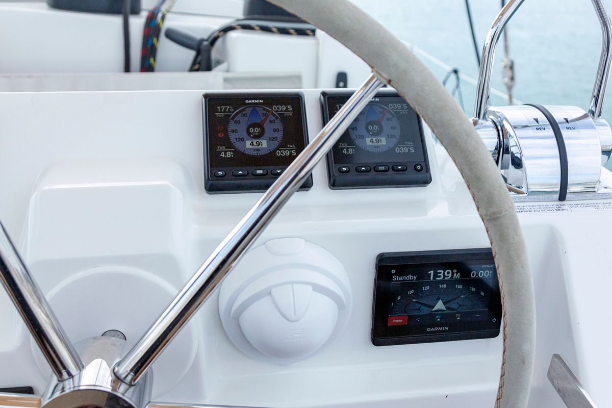 Cockpit of Gentle Giant, a Fountaine Pajot Aura 51 catamaran at Municipal Unit of Lefkada, Greece