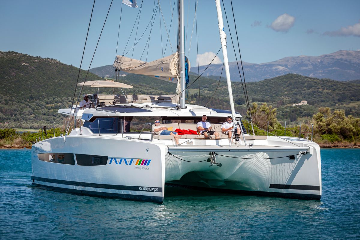 Exterior view of Gentle Giant, a Fountaine Pajot Aura 51 catamaran at Municipal Unit of Lefkada, Greece