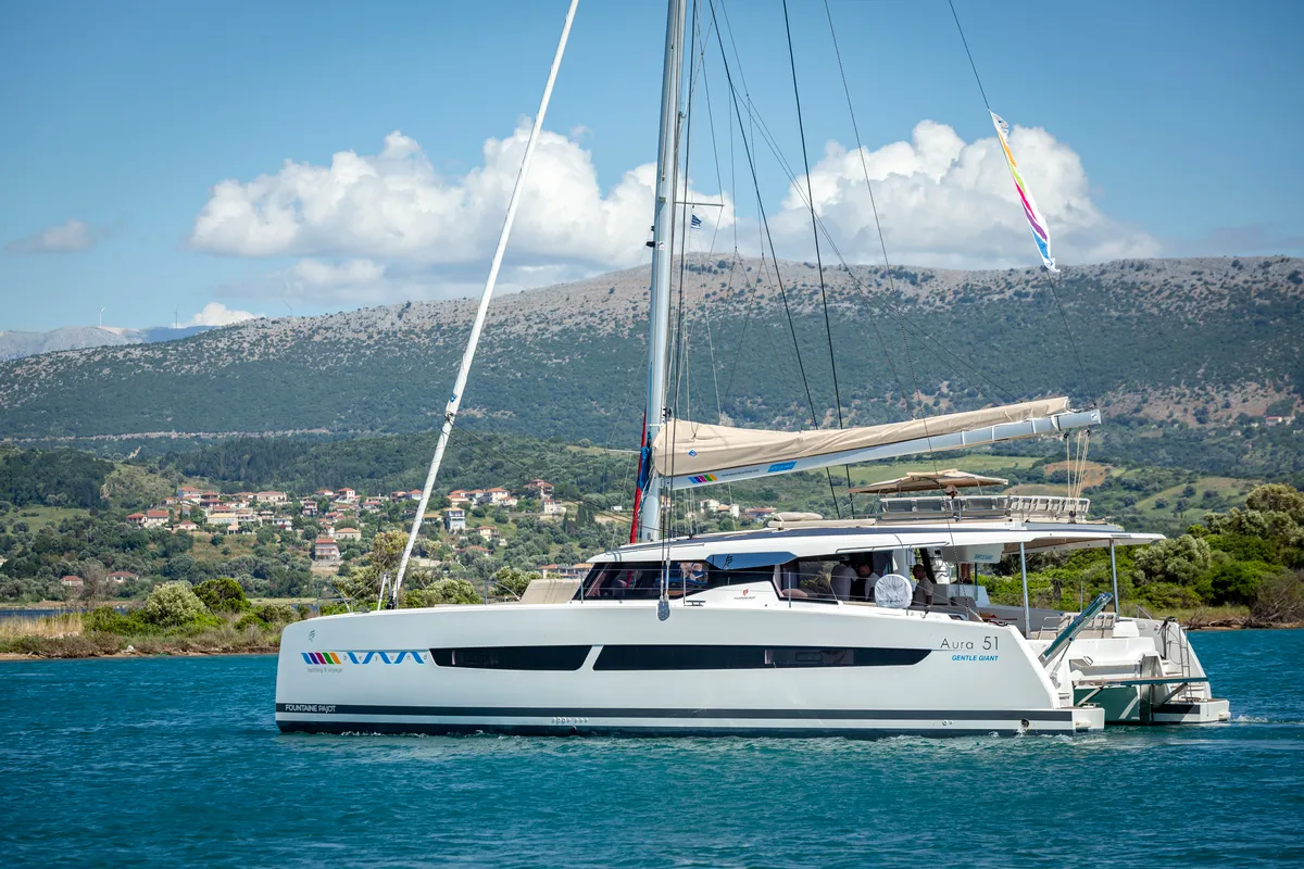 Exterior view of Gentle Giant, a Fountaine Pajot Aura 51 catamaran at Municipal Unit of Lefkada, Greece