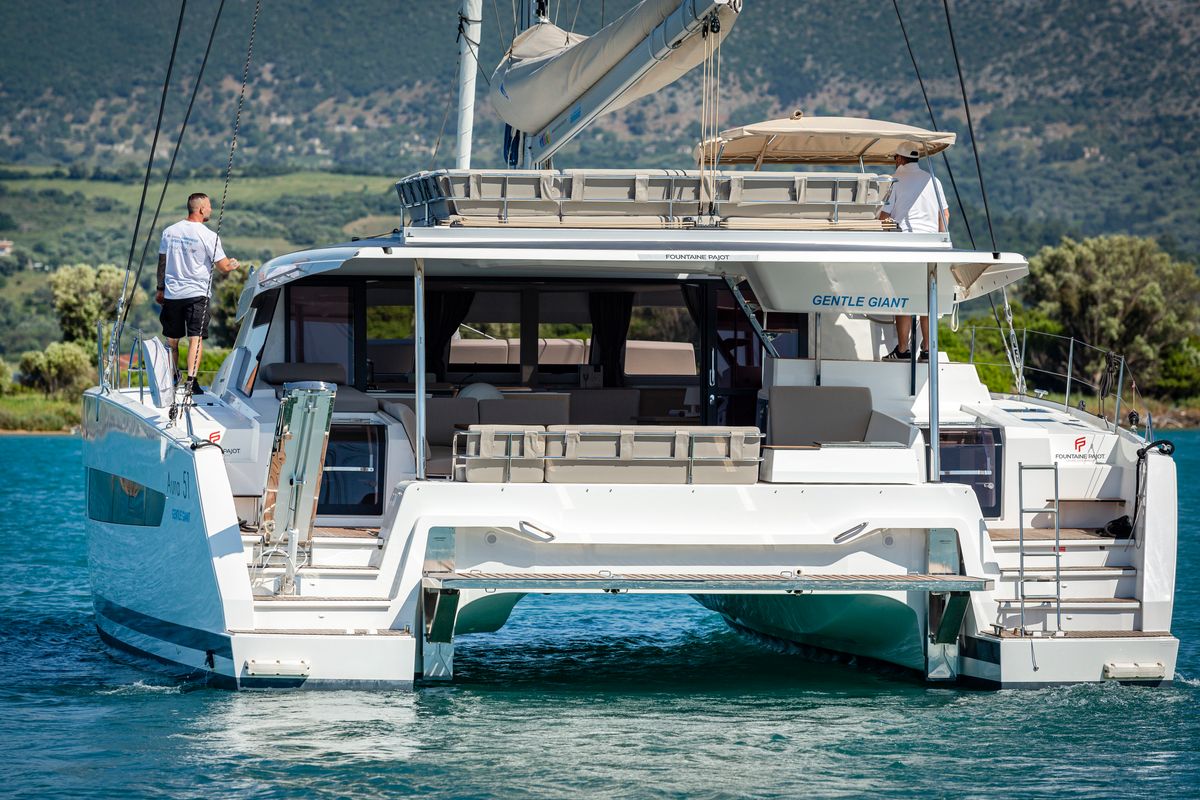 Exterior view of Gentle Giant, a Fountaine Pajot Aura 51 catamaran at Municipal Unit of Lefkada, Greece