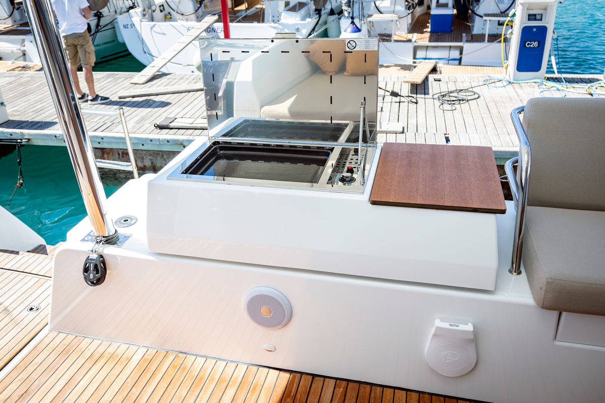 Deck of Gentle Giant, a Fountaine Pajot Aura 51 catamaran at Municipal Unit of Lefkada, Greece