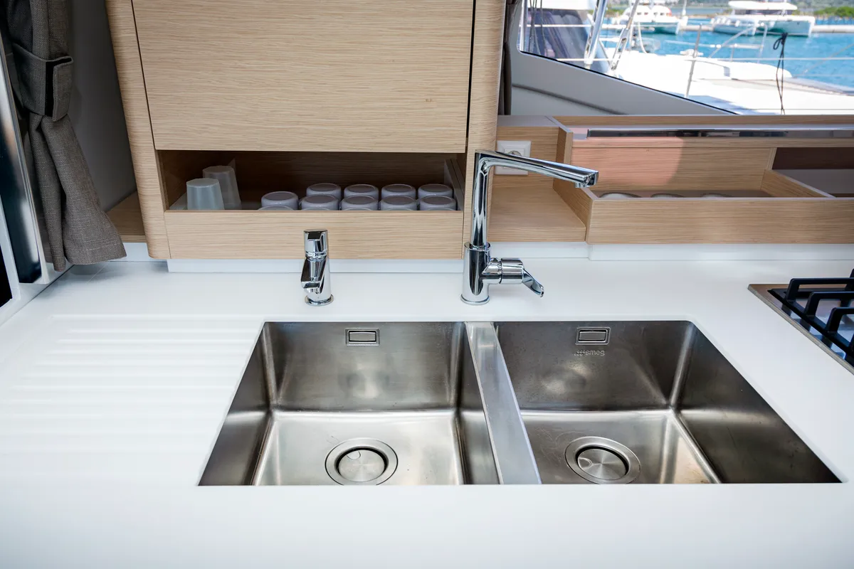 Galley of Gentle Giant, a Fountaine Pajot Aura 51 catamaran at Municipal Unit of Lefkada, Greece