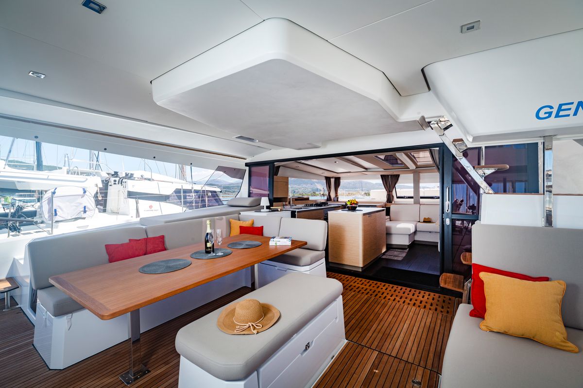 Deck of Gentle Giant, a Fountaine Pajot Aura 51 catamaran at Municipal Unit of Lefkada, Greece