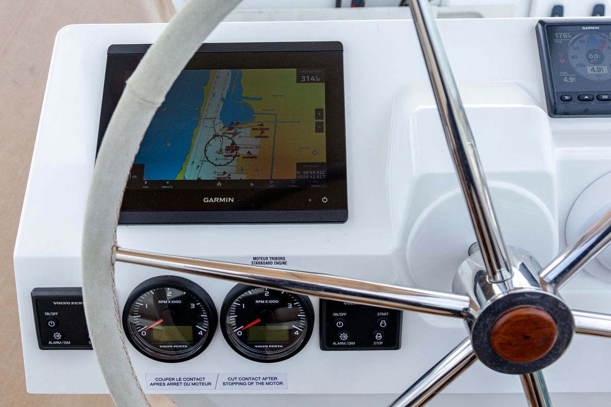 Cockpit of Gentle Giant, a Fountaine Pajot Aura 51 catamaran at Municipal Unit of Lefkada, Greece