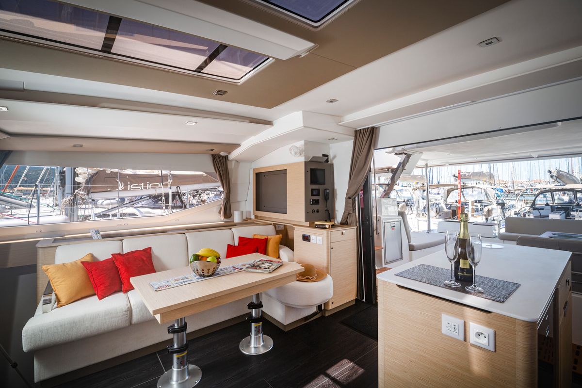Salon of Gentle Giant, a Fountaine Pajot Aura 51 catamaran at Municipal Unit of Lefkada, Greece