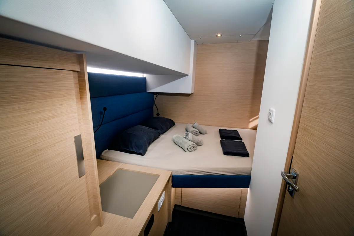 Cabin on Gentle Giant, a Fountaine Pajot Aura 51 catamaran at Municipal Unit of Lefkada, Greece