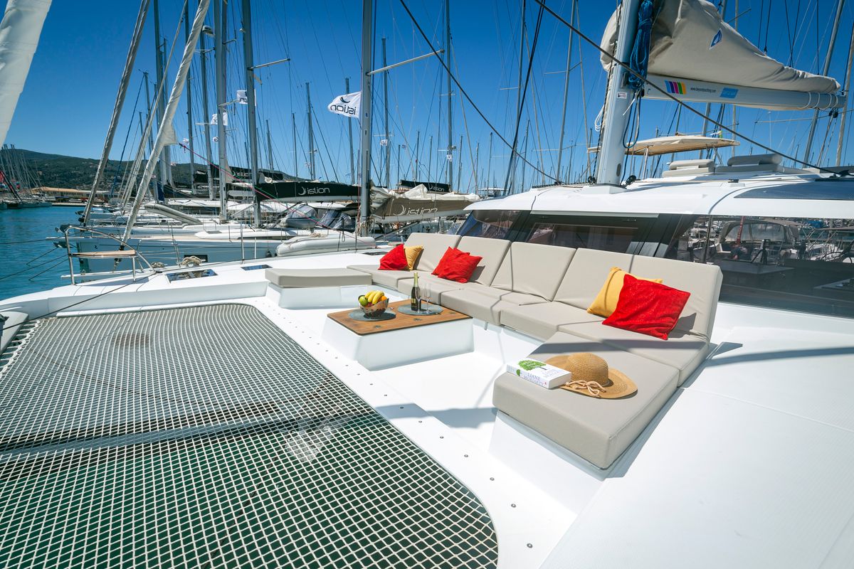 Deck of Gentle Giant, a Fountaine Pajot Aura 51 catamaran at Municipal Unit of Lefkada, Greece