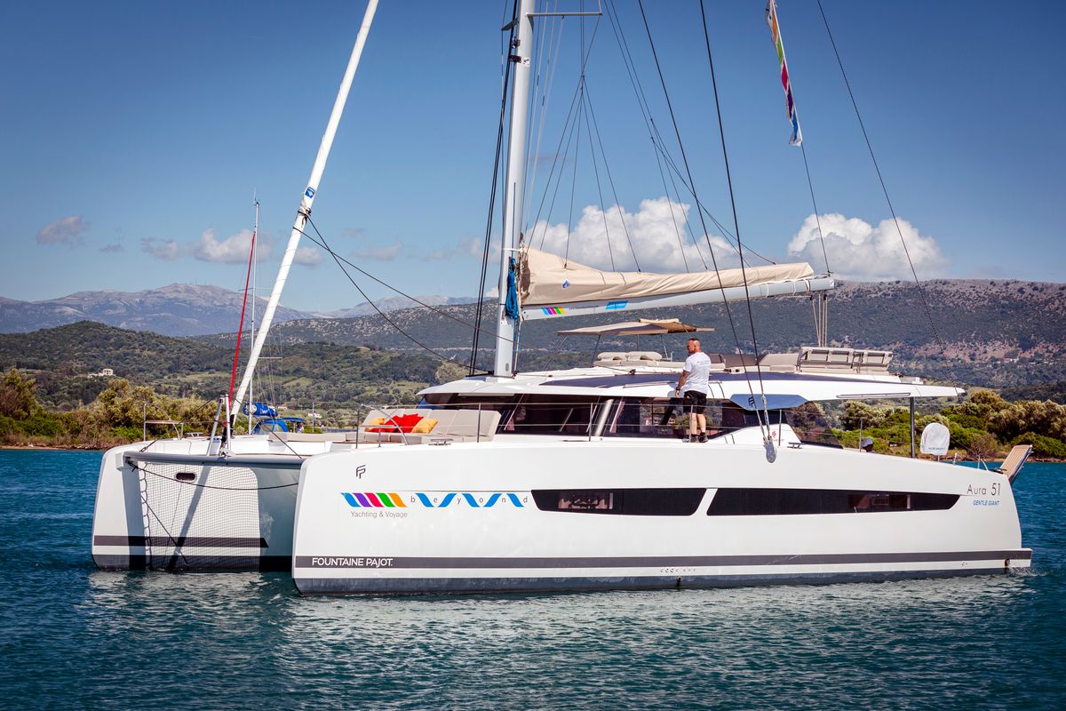 Exterior view of Gentle Giant, a Fountaine Pajot Aura 51 catamaran at Municipal Unit of Lefkada, Greece