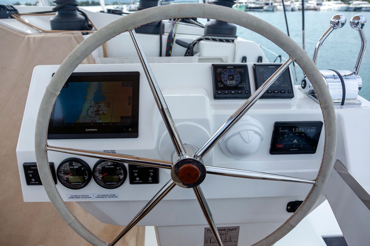 Cockpit of Gentle Giant, a Fountaine Pajot Aura 51 catamaran at Municipal Unit of Lefkada, Greece