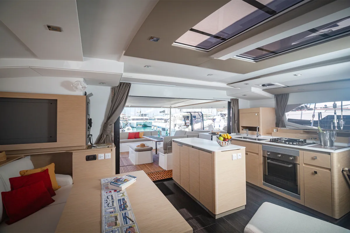 Salon of Gentle Giant, a Fountaine Pajot Aura 51 catamaran at Municipal Unit of Lefkada, Greece