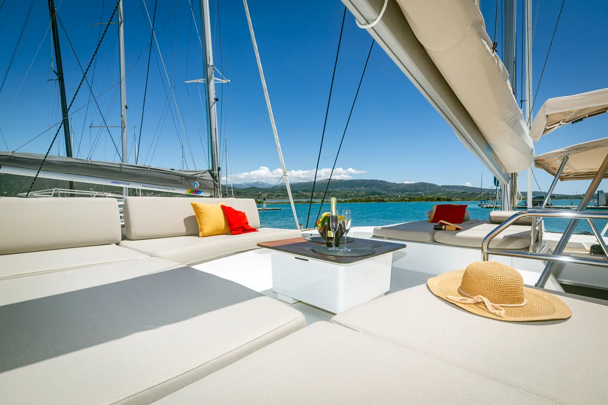 Deck of Gentle Giant, a Fountaine Pajot Aura 51 catamaran at Municipal Unit of Lefkada, Greece