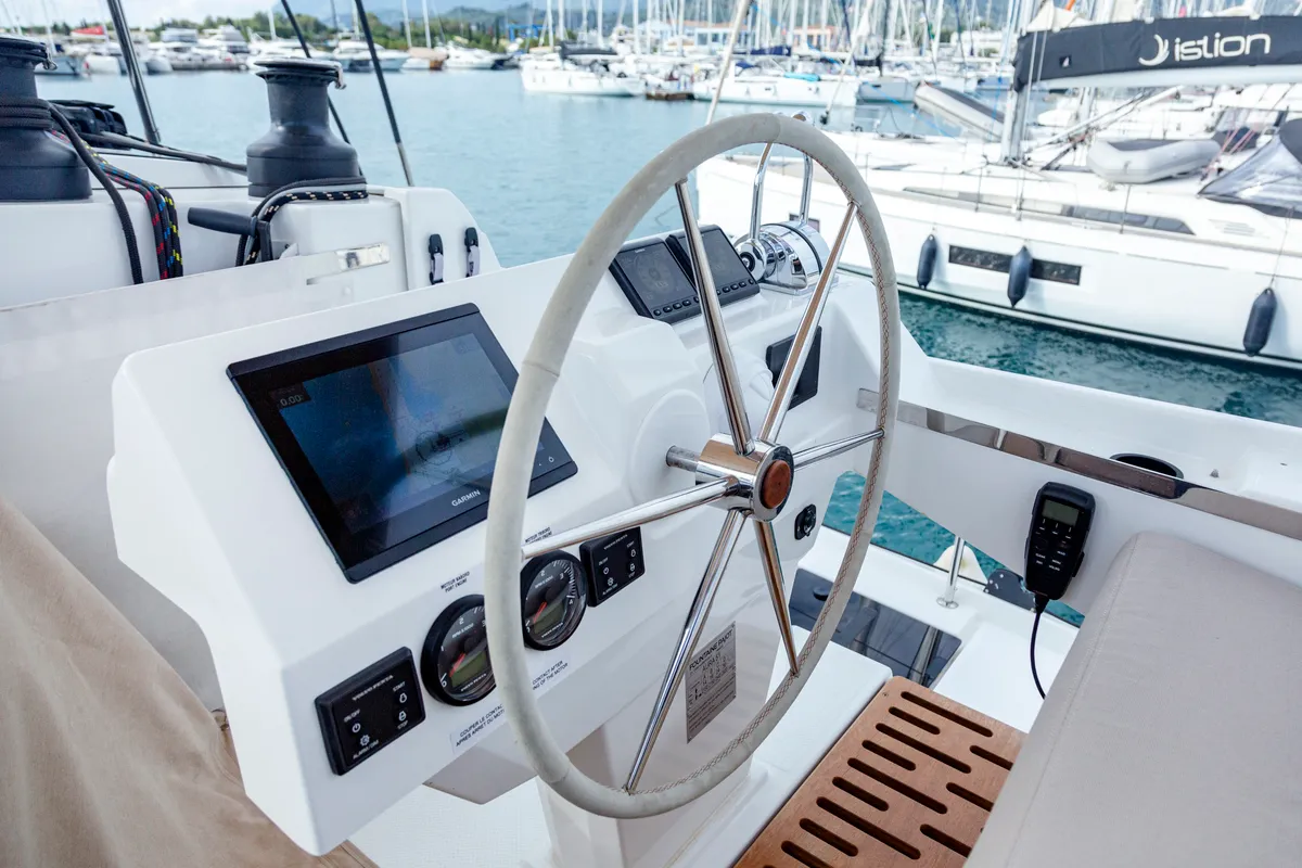 Cockpit of Gentle Giant, a Fountaine Pajot Aura 51 catamaran at Municipal Unit of Lefkada, Greece