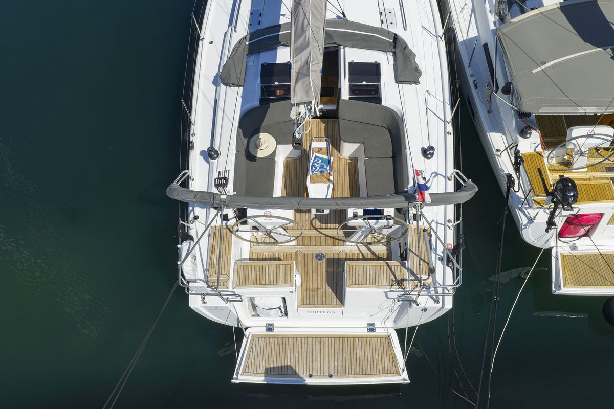 Exterior view of Tortuga, a Hanse Yachts Hanse 458 sailboat at Općina Sukošan, Croatia