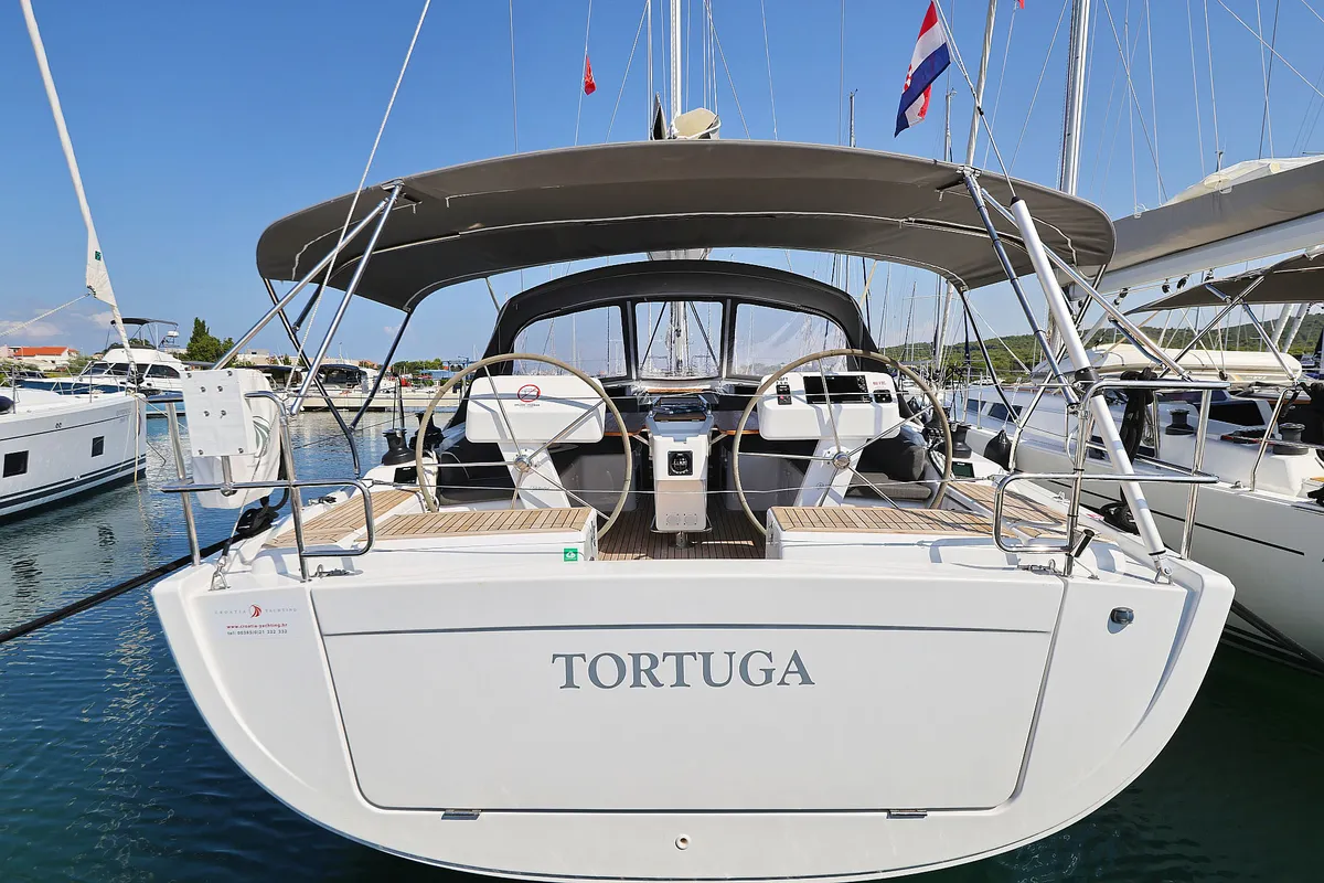 Exterior view of Tortuga, a Hanse Yachts Hanse 458 sailboat at Općina Sukošan, Croatia