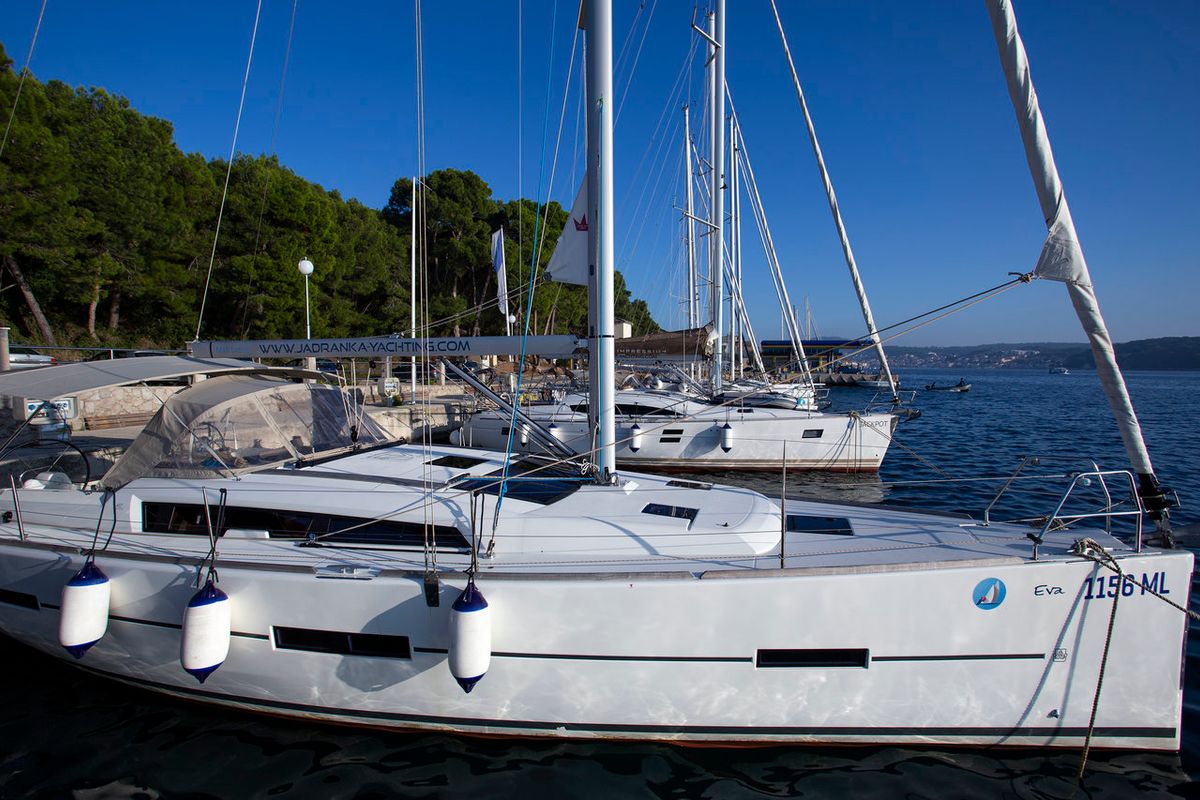 Exterior view of Eva, a Dufour 412 GL sailboat at Mali Lošinj, Croatia