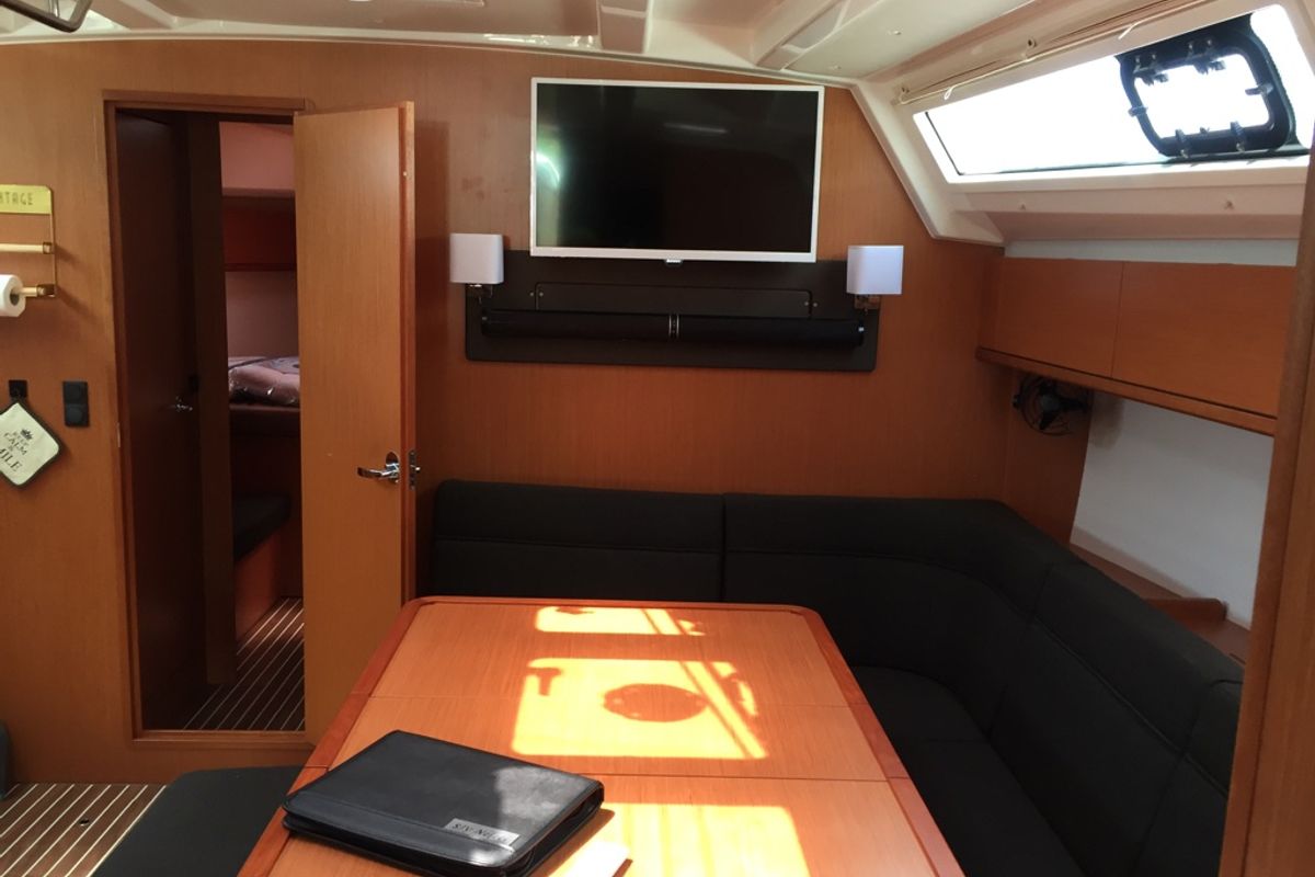 Salon of Nefeli, a Bavaria Cruiser 46 sailboat at Skiathos, Greece