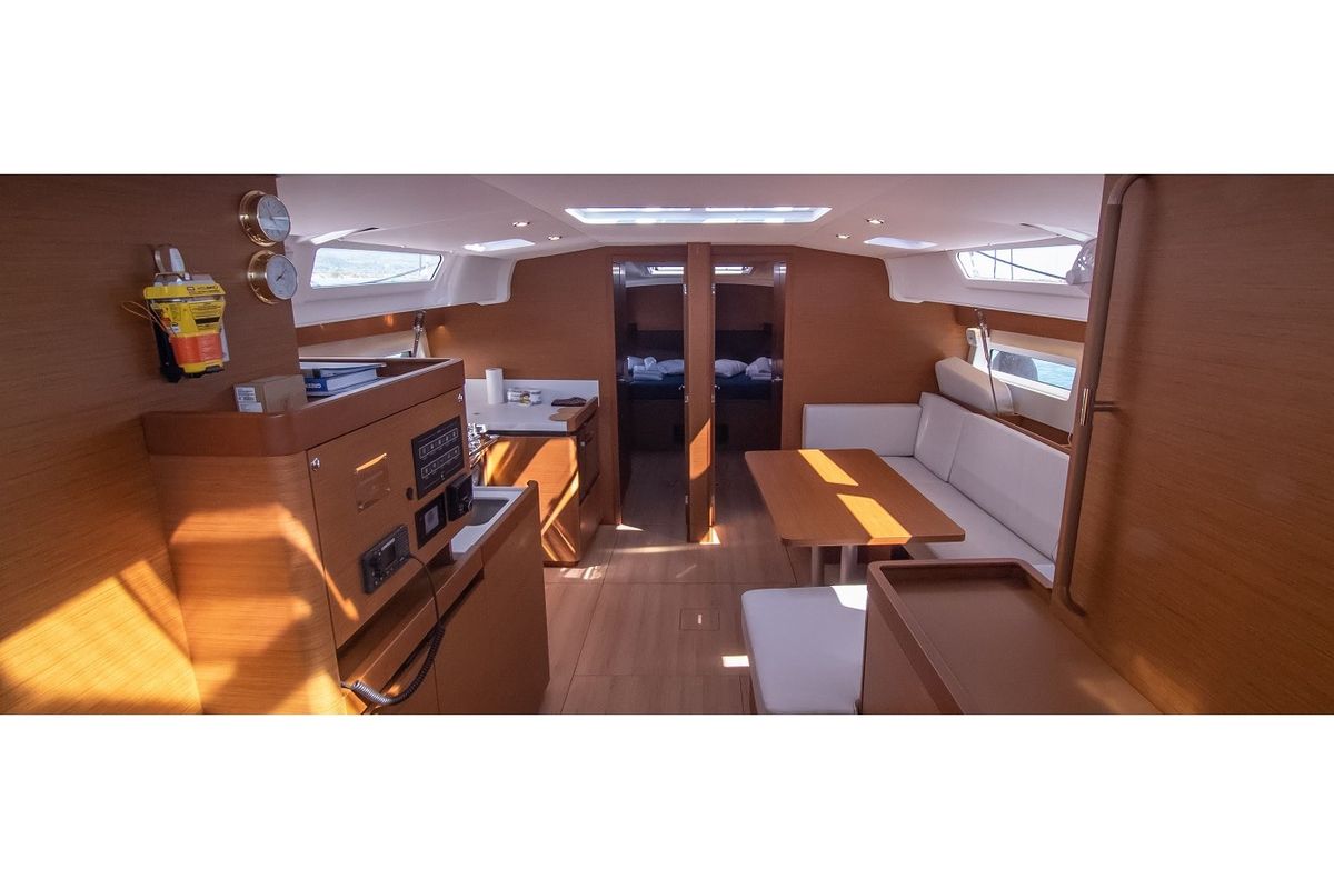 Salon of MARINA GEN.+A.C. "Sails 2025", a Jeanneau Sun Odyssey 490 sailboat at Municipal Unit of Lefkada, Greece