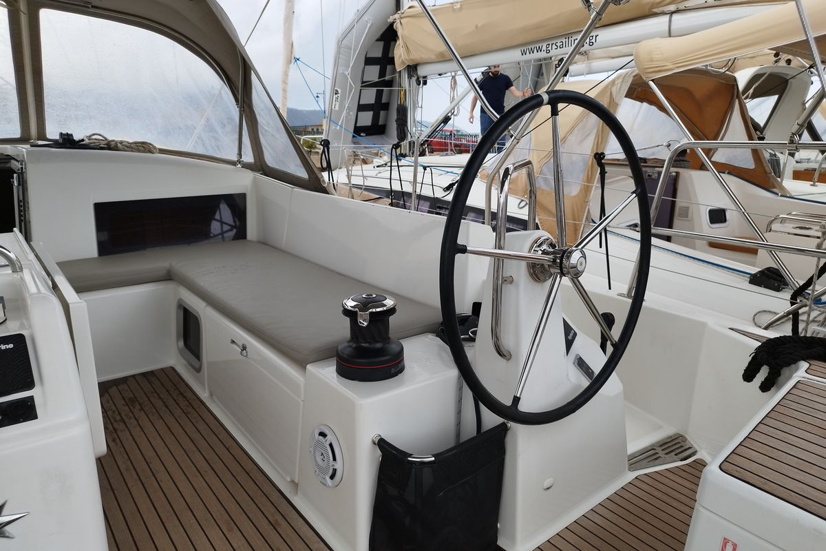 Cockpit of MARINA GEN.+A.C. "Sails 2025", a Jeanneau Sun Odyssey 490 sailboat at Municipal Unit of Lefkada, Greece