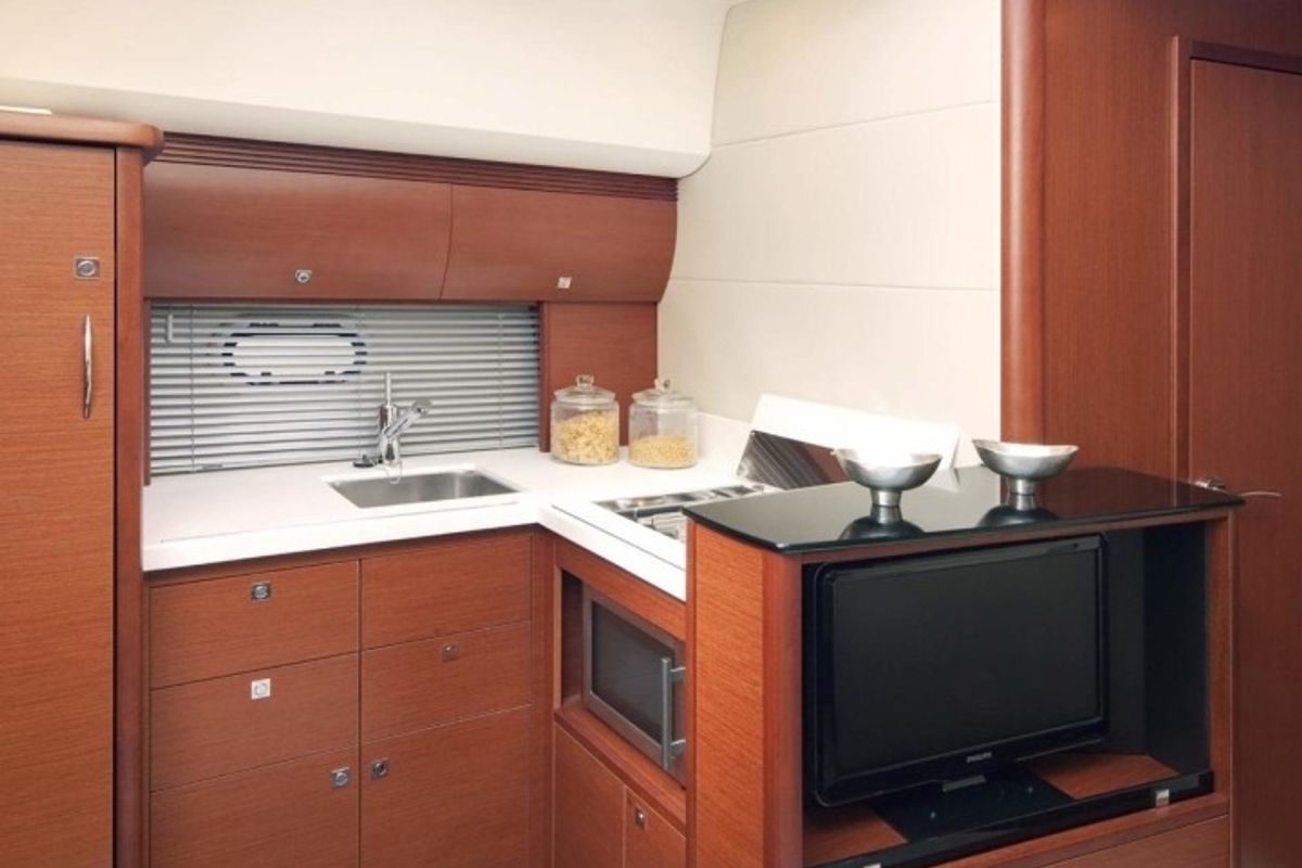 Galley of Pato, a Prestige 440 motorboat at Giardini Naxos, Italy