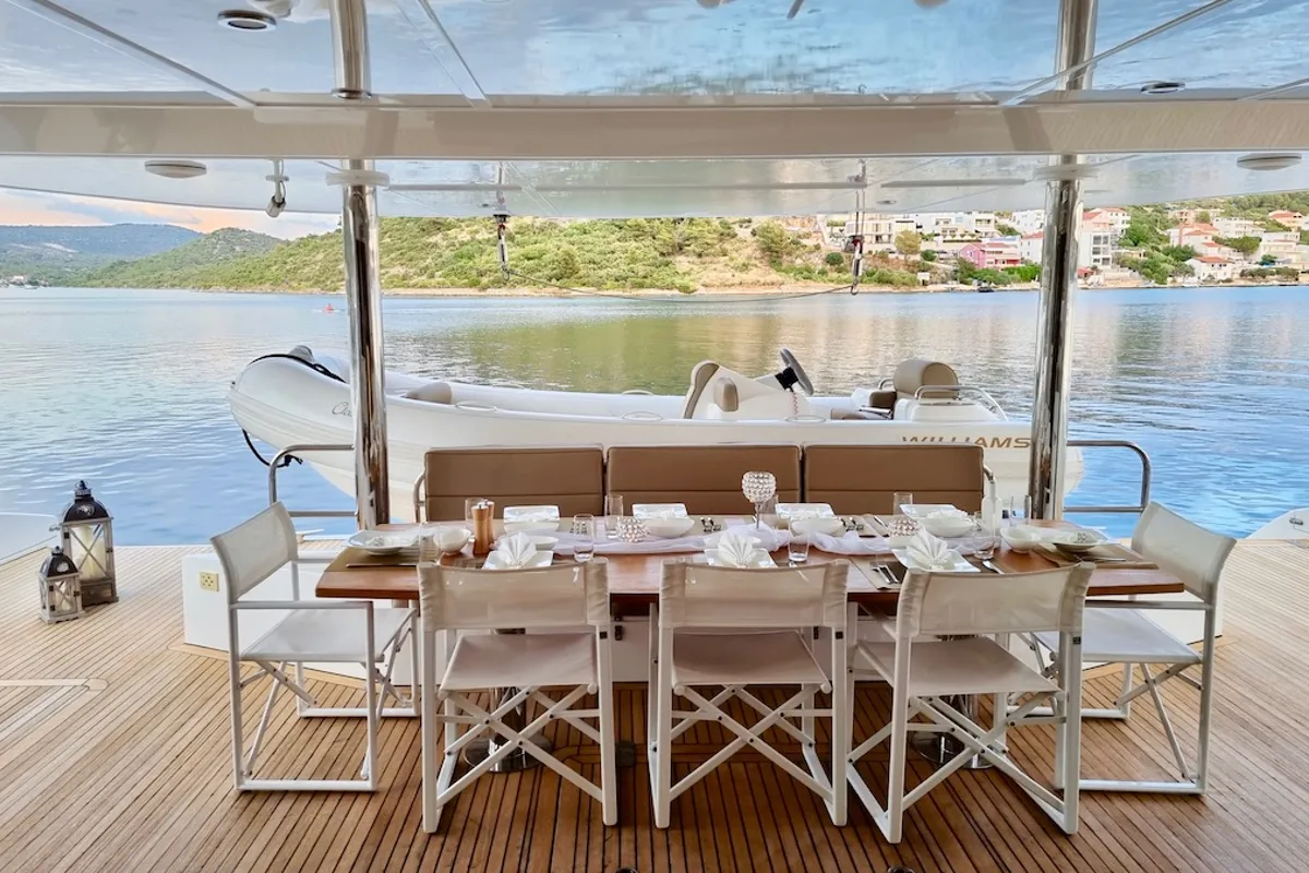 Deck of Clouds, a Sunreef Yachts Sunreef 70 Power catamaran at Grad Šibenik, Croatia