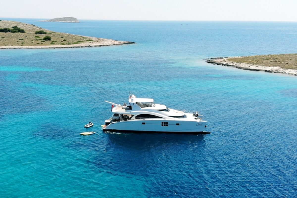 Exterior view of Clouds, a Sunreef Yachts Sunreef 70 Power catamaran at Grad Šibenik, Croatia