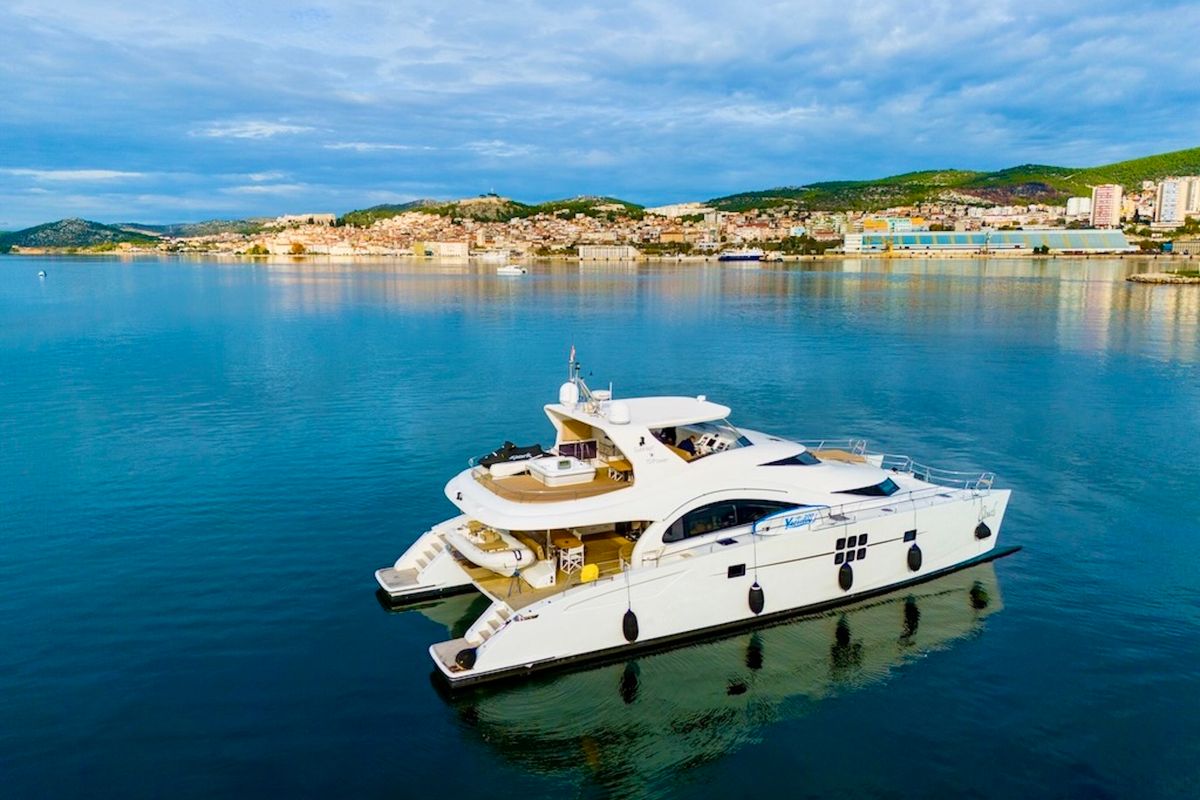 Exterior view of Clouds, a Sunreef Yachts Sunreef 70 Power catamaran at Grad Šibenik, Croatia