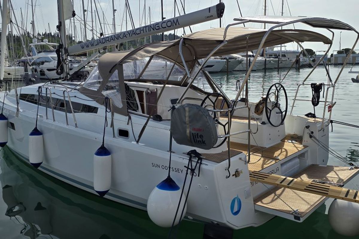 Deck of Princess Marija, a Jeanneau Sun Odyssey 380 sailboat at Grad Pula, Croatia
