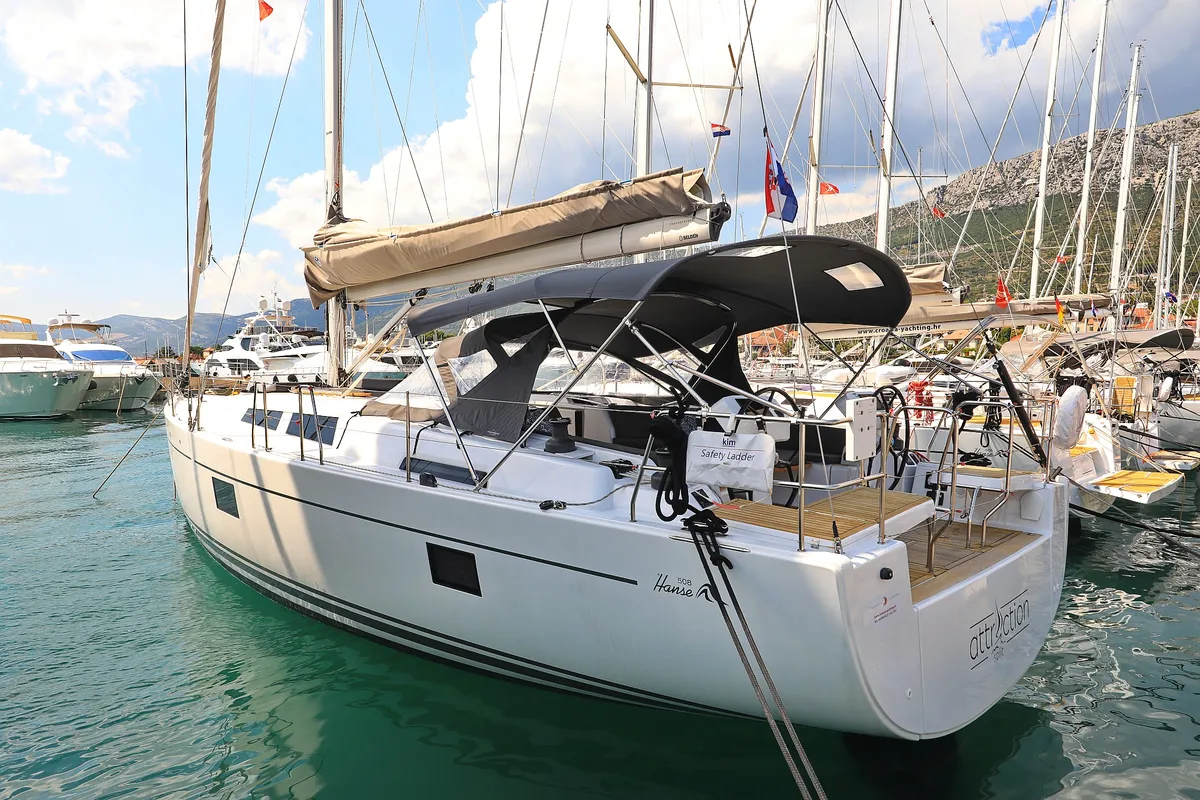 Exterior view of Attraction, a Hanse Yachts Hanse 508 sailboat at Seget Donji, Croatia