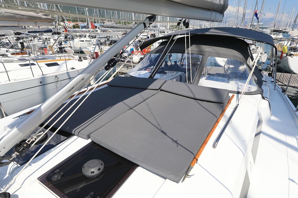 Deck of Attraction, a Hanse Yachts Hanse 508 sailboat at Seget Donji, Croatia