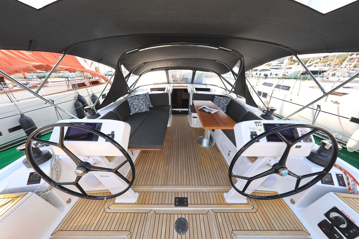 Cockpit of Attraction, a Hanse Yachts Hanse 508 sailboat at Seget Donji, Croatia