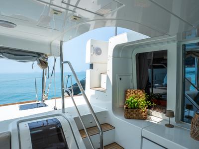 Deck of SAILUXE - Fichissimo, a Lagoon 52F catamaran at Capo d'Orlando, Italy