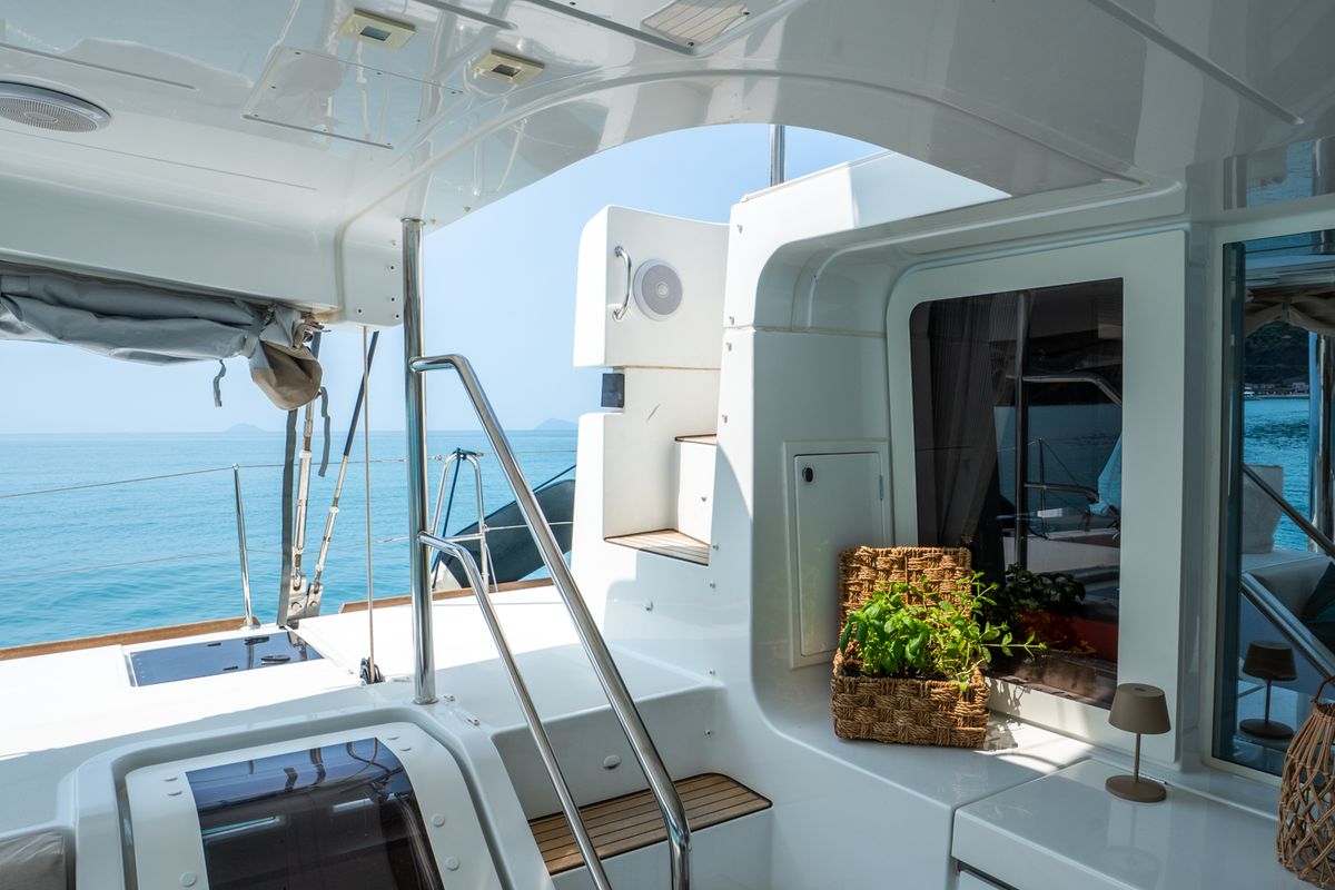 Deck of SAILUXE - Fichissimo, a Lagoon 52F catamaran at Capo d'Orlando, Italy