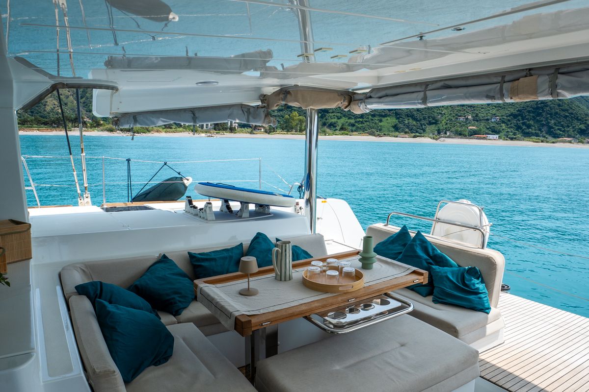 Deck of SAILUXE - Fichissimo, a Lagoon 52F catamaran at Capo d'Orlando, Italy