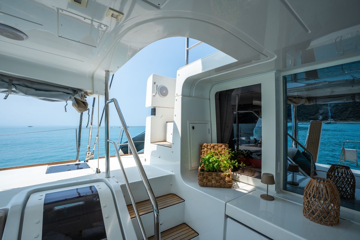 Deck of SAILUXE - Fichissimo, a Lagoon 52F catamaran at Capo d'Orlando, Italy