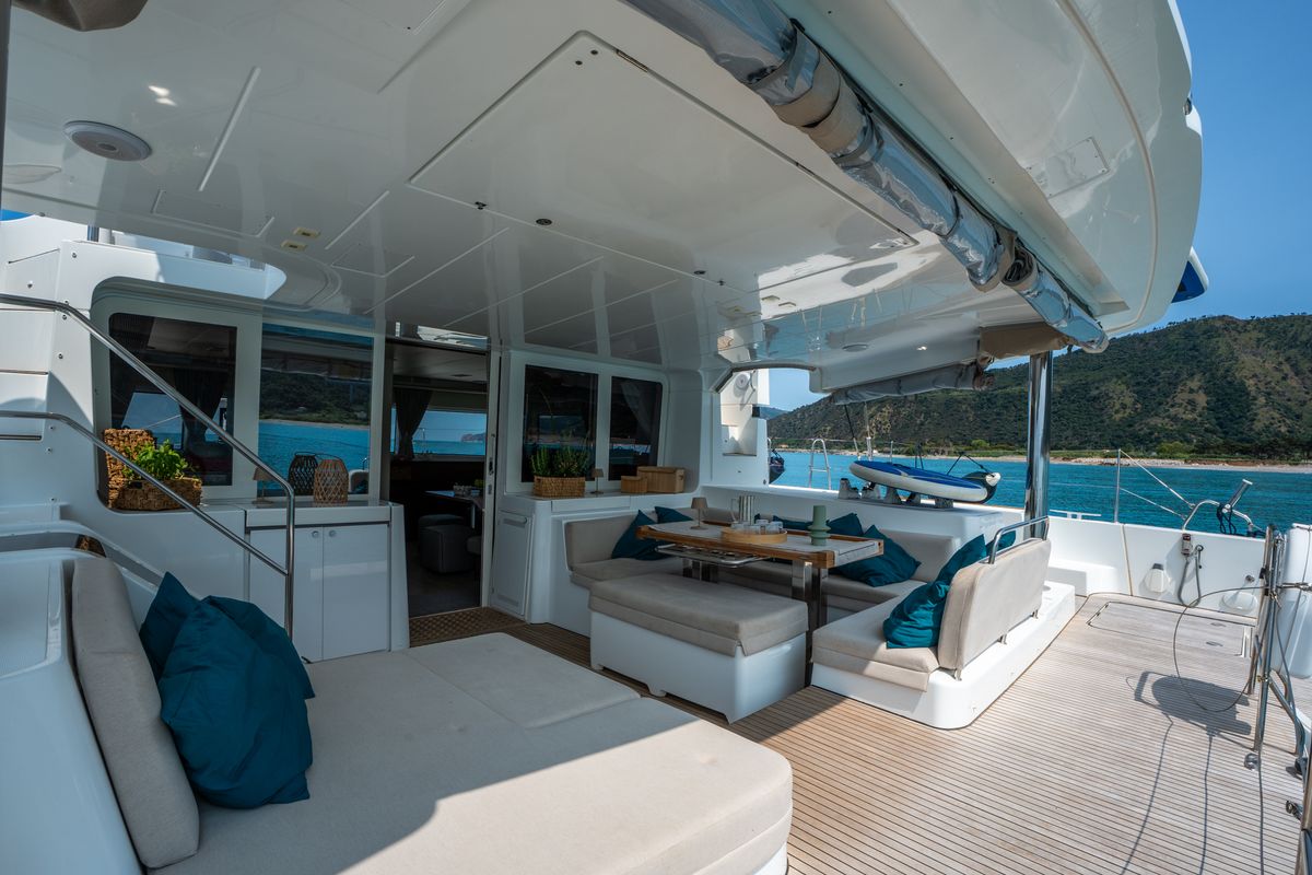 Deck of SAILUXE - Fichissimo, a Lagoon 52F catamaran at Capo d'Orlando, Italy