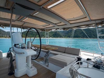 Cockpit of SAILUXE - Fichissimo, a Lagoon 52F catamaran at Capo d'Orlando, Italy