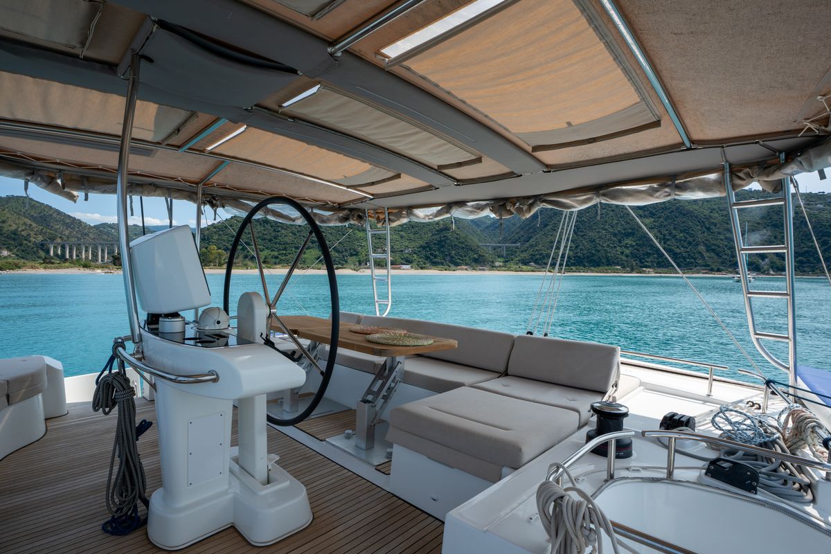 Cockpit of SAILUXE - Fichissimo, a Lagoon 52F catamaran at Capo d'Orlando, Italy