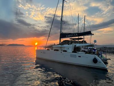 Deck of Amelia, a Lagoon 450 catamaran at Athens, Greece