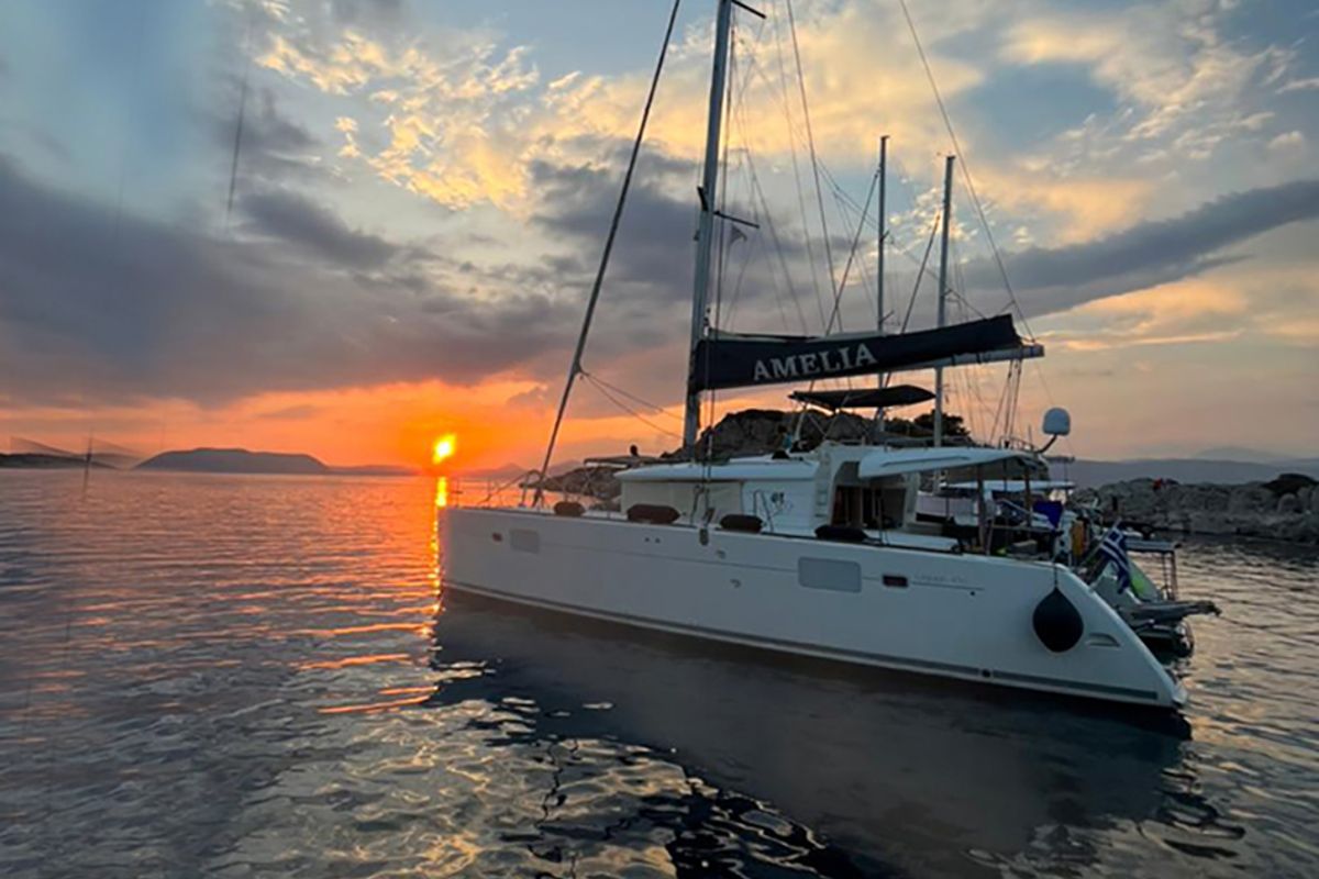 Deck of Amelia, a Lagoon 450 catamaran at Athens, Greece