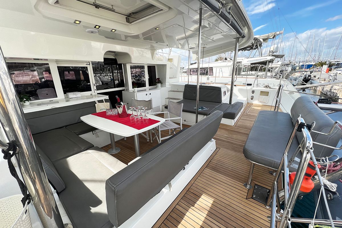 Deck of Amelia, a Lagoon 450 catamaran at Athens, Greece