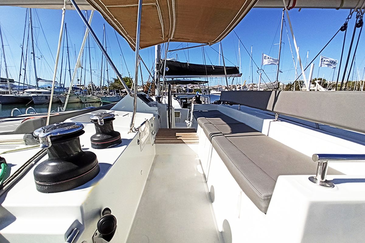 Cockpit of Amelia, a Lagoon 450 catamaran at Athens, Greece