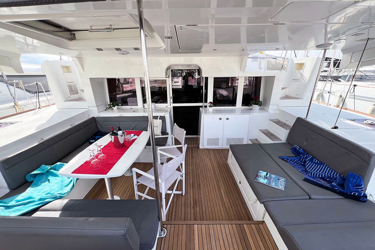 Deck of Amelia, a Lagoon 450 catamaran at Athens, Greece