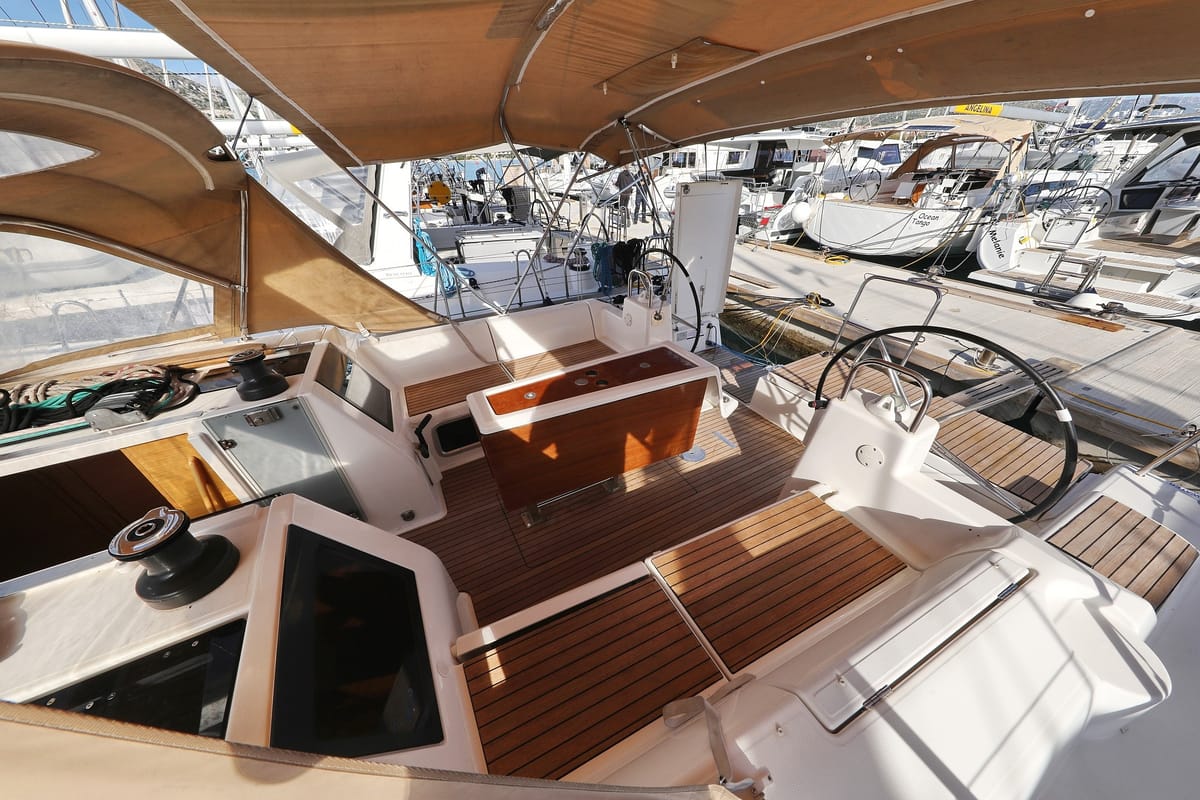 Cockpit of Santa Rosa, a Dufour 460 GL sailboat at Grad Trogir, Croatia