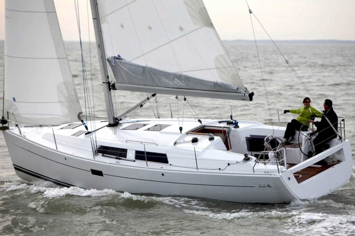 Exterior view of Baba Yaga, a Hanse Yachts Hanse 375 sailboat at Marmaris, Turkey
