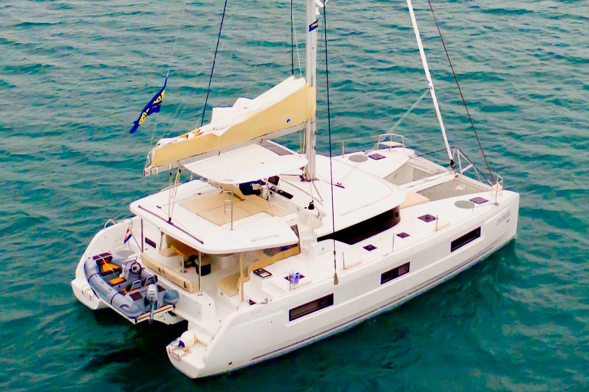 Exterior view of Kari, a Lagoon 46 catamaran at Grad Šibenik, Croatia