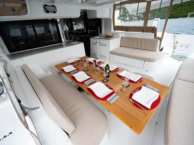 Deck of Kari, a Lagoon 46 catamaran at Grad Šibenik, Croatia